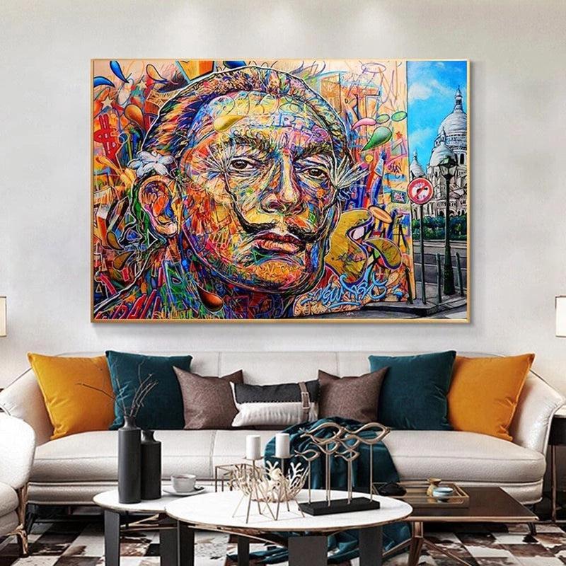 Graffiti Portrait of Salvador Dali Canvas Paintings | Street Wall Art Posters and Prints | Living Room Home Decor